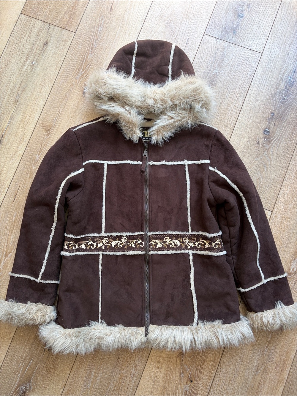 Big Chill Coat Girls L 14/16 Faux Suede Sherpa Faux Fur Lined Hippie Penny Lane